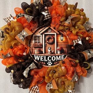 Autumn Welcome Wreath with Orange and Brown Accents
